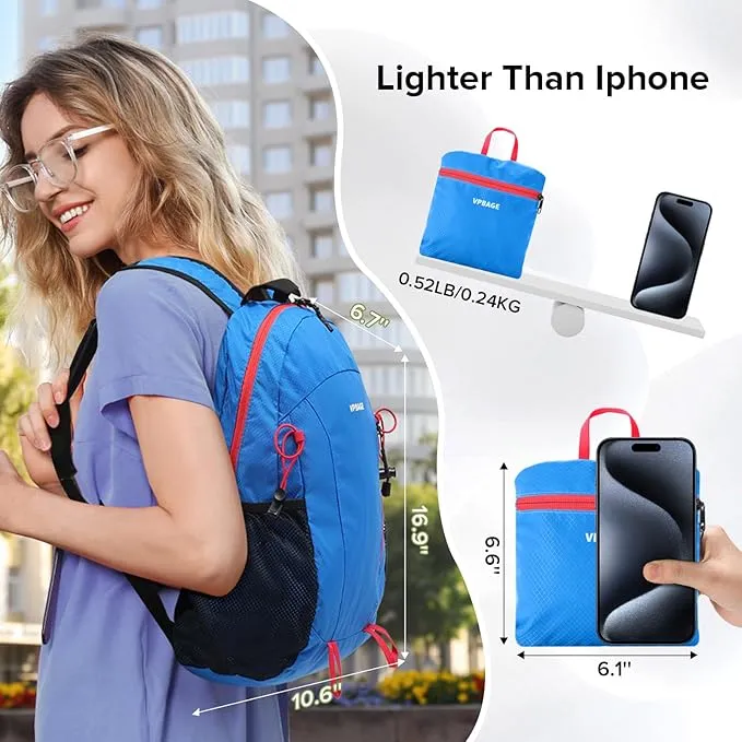 15L Highly Water-resistant Hiking Daypack, Small Backpack Travel Outdoor, Lightweight Day Pack with Tool Loops(Sky Blue)