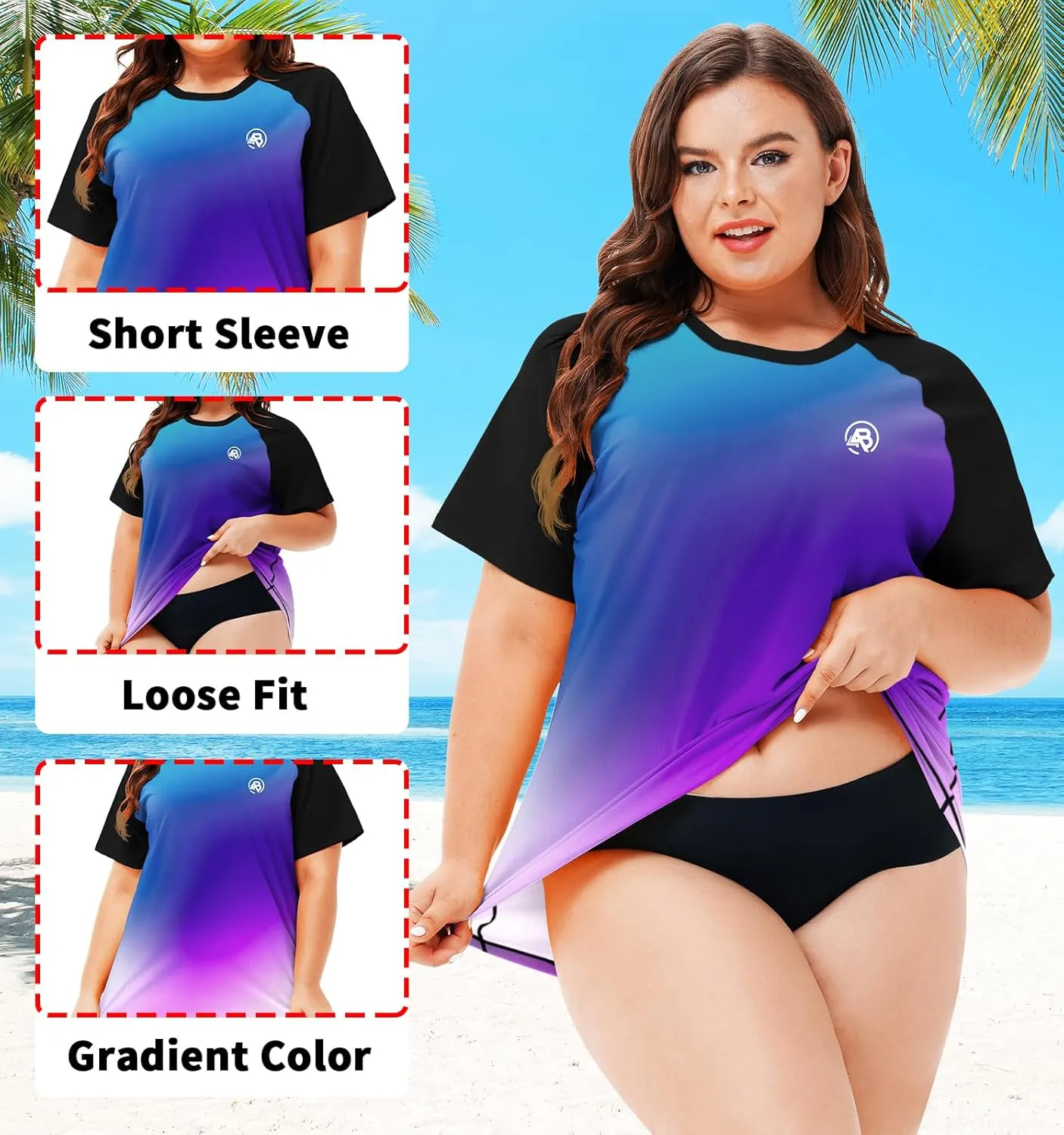 AOBUTE Women Plus Size Rash Guard Short Sleeve SPF Swim Shirts
