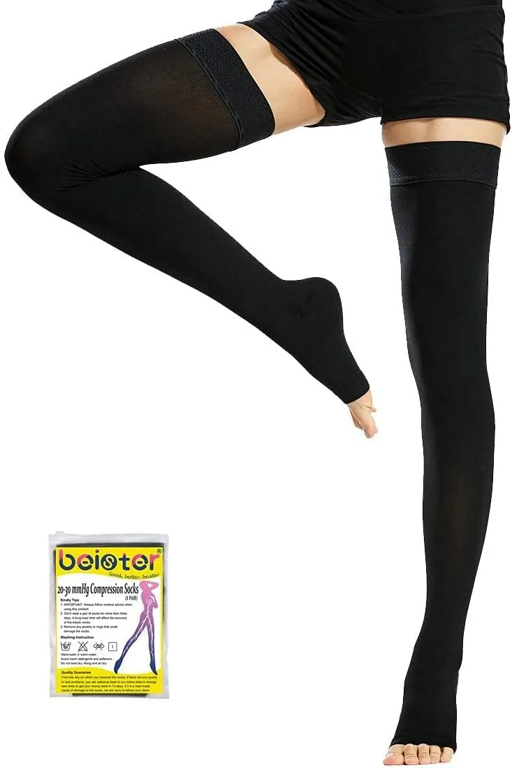 Beister 1 Pair Medical Open Toe Thigh High Compression Stockings with Silicone Band for Women & Men, Firm 20-30 mmHg Graduated Support for Varicose Veins, Edema, Flight.