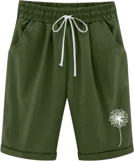 Bermuda Shorts for Women Knee Length Cotton Linen Elastic Waist Drawstring Shorts Summer Capris Pants with Pockets