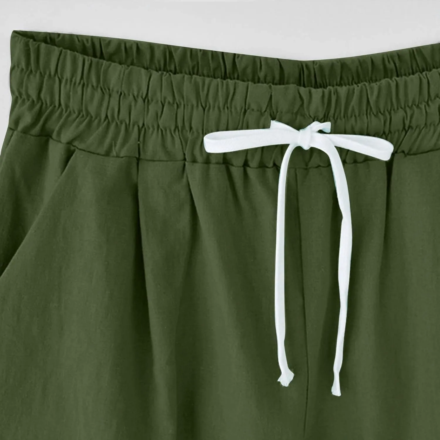 Bermuda Shorts for Women Knee Length Cotton Linen Elastic Waist Drawstring Shorts Summer Capris Pants with Pockets