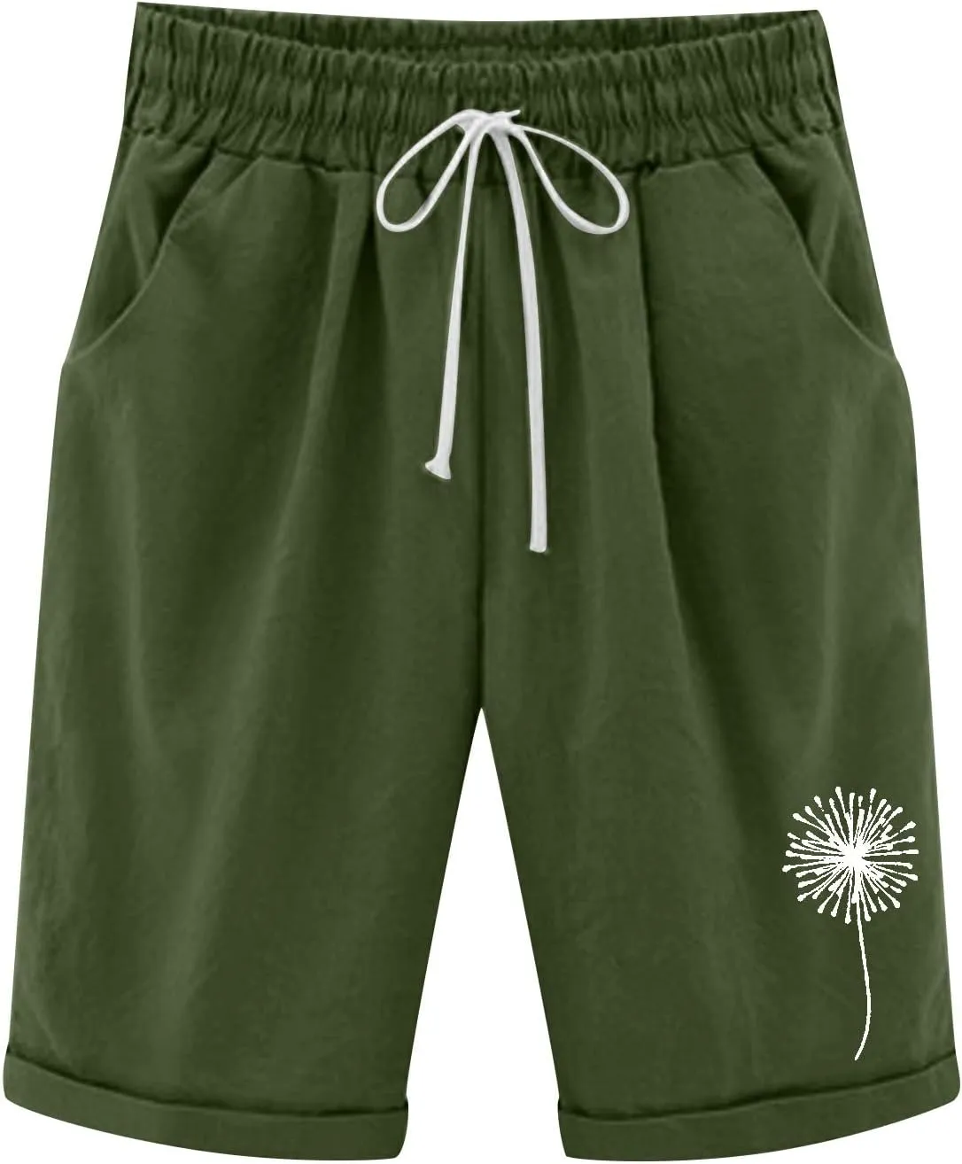 Bermuda Shorts for Women Knee Length Cotton Linen Elastic Waist Drawstring Shorts Summer Capris Pants with Pockets