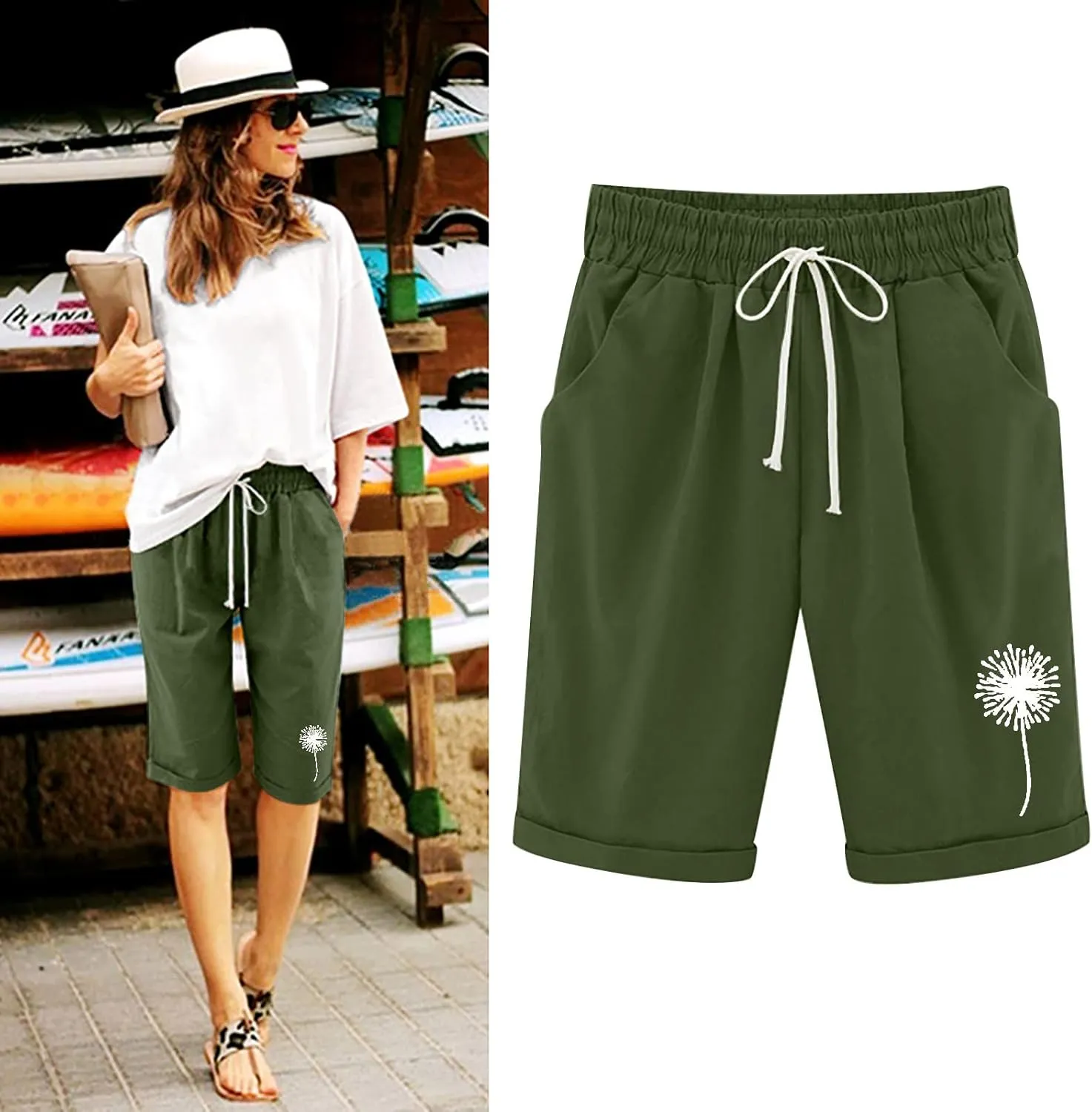 Bermuda Shorts for Women Knee Length Cotton Linen Elastic Waist Drawstring Shorts Summer Capris Pants with Pockets