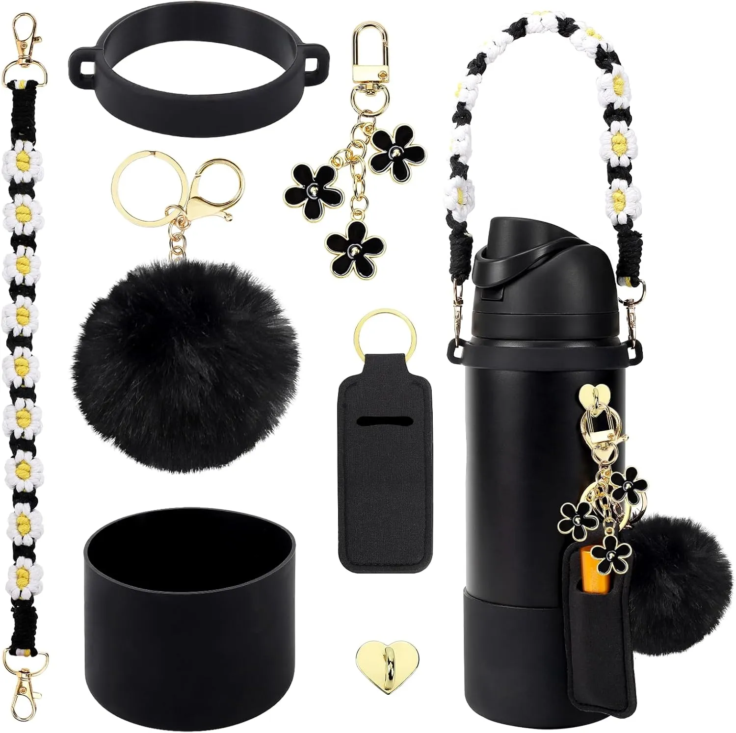 Compatible for Owala Accessories Bundle: Silicone Boot for 24oz & 32oz Bottles, Charms, Handle, Strap, Rubber Bottoms, and Decorative Add-ons for Your Compatible for Owala Water Bottle, Black