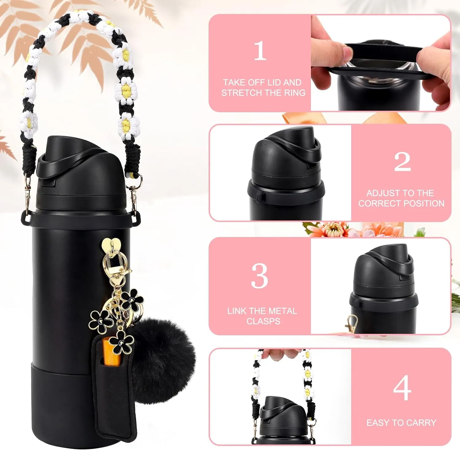 Compatible for Owala Accessories Bundle: Silicone Boot for 24oz & 32oz Bottles, Charms, Handle, Strap, Rubber Bottoms, and Decorative Add-ons for Your Compatible for Owala Water Bottle, Black