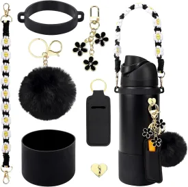 Compatible for Owala Accessories Bundle: Silicone Boot for 24oz & 32oz Bottles, Charms, Handle, Strap, Rubber Bottoms, and Decorative Add-ons for Your Compatible for Owala Water Bottle, Black
