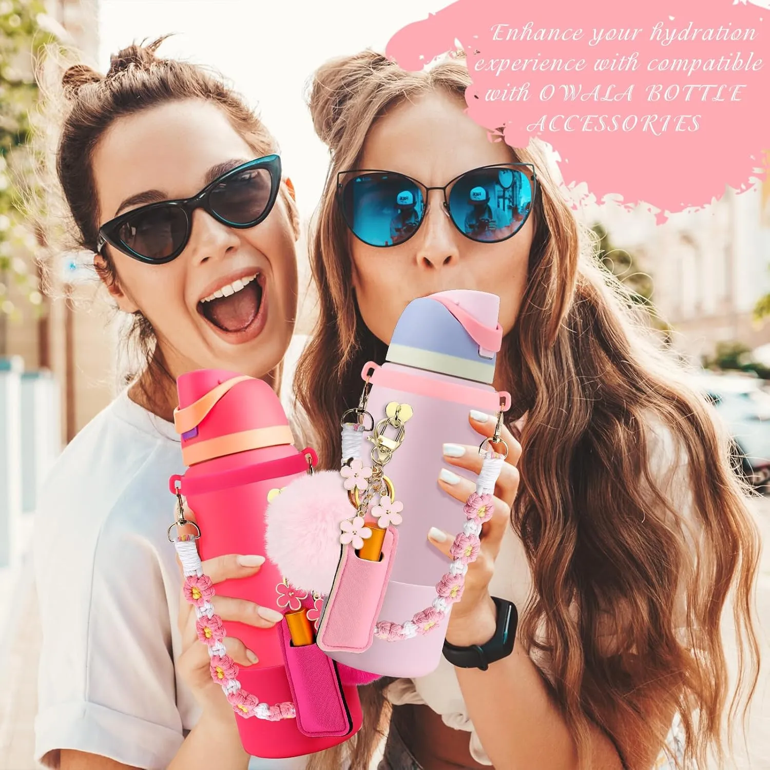 Compatible for Owala Accessories Bundle: Silicone Boot for 24oz & 32oz Bottles, Charms, Handle, Strap, Rubber Bottoms, and Decorative Add-ons for Your Compatible for Owala Water Bottle, Black