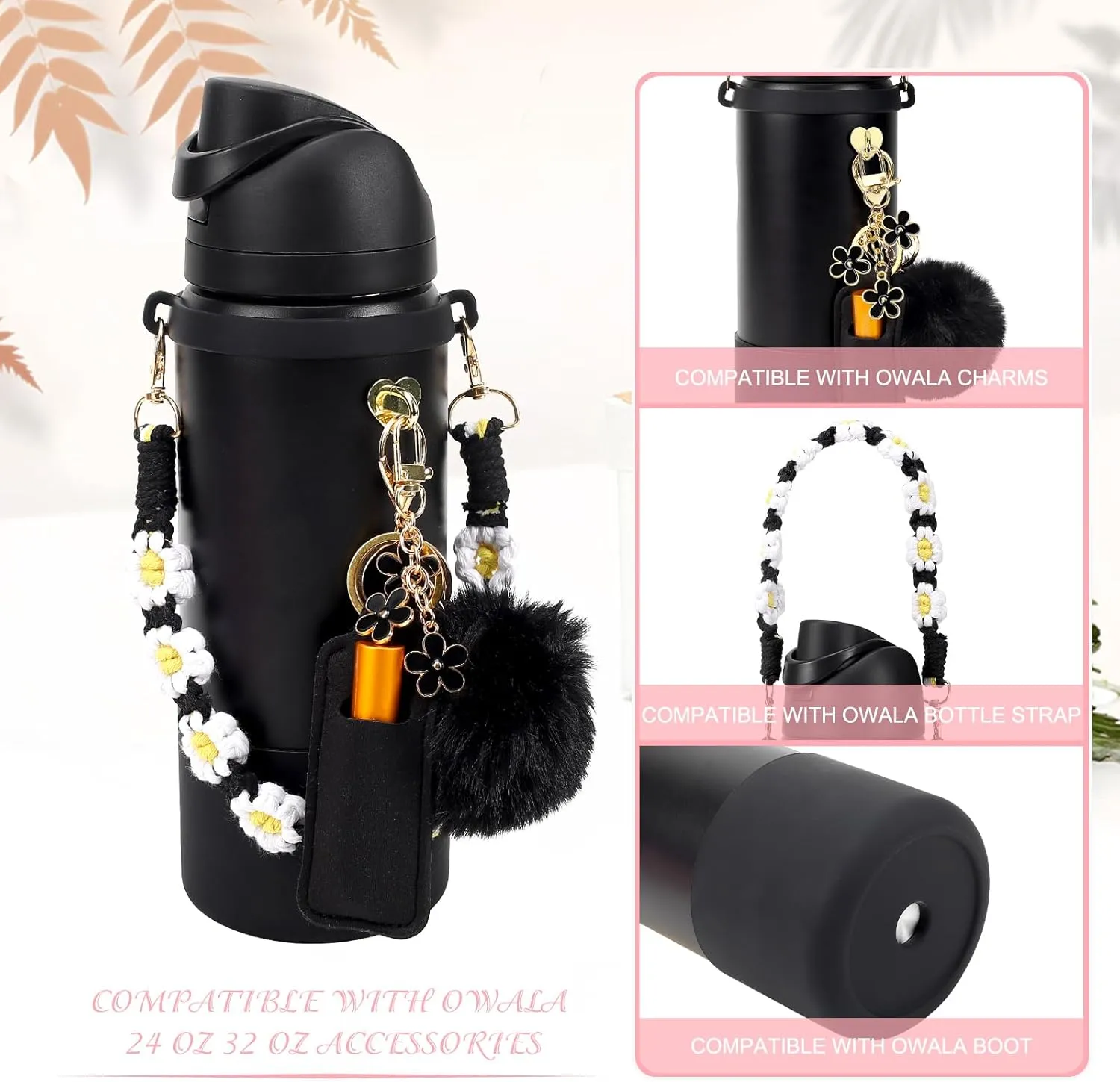 Compatible for Owala Accessories Bundle: Silicone Boot for 24oz & 32oz Bottles, Charms, Handle, Strap, Rubber Bottoms, and Decorative Add-ons for Your Compatible for Owala Water Bottle, Black