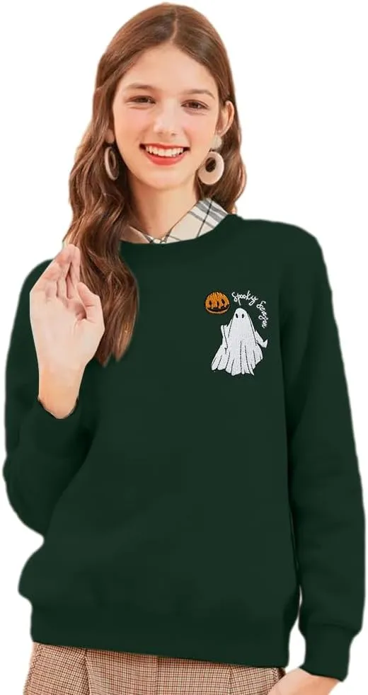 FASHGL Ghost Sweatshirt Women Funny Halloween Pullover Spooky Graphic Blouse Casual Long Sleeve Tee Tops