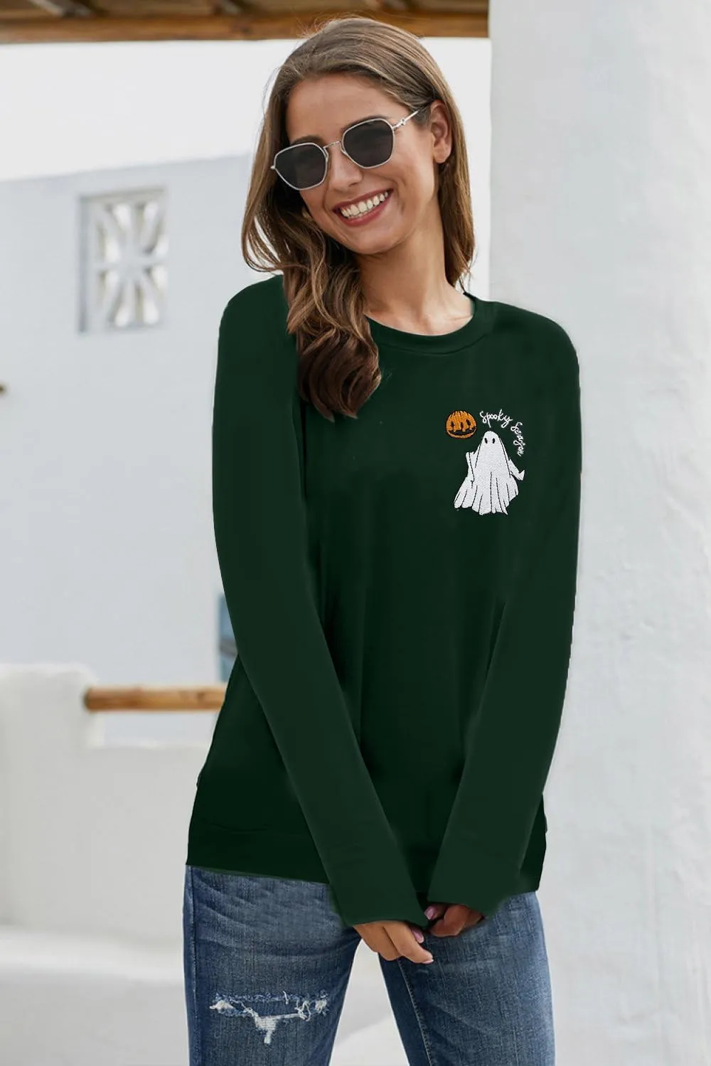 FASHGL Ghost Sweatshirt Women Funny Halloween Pullover Spooky Graphic Blouse Casual Long Sleeve Tee Tops