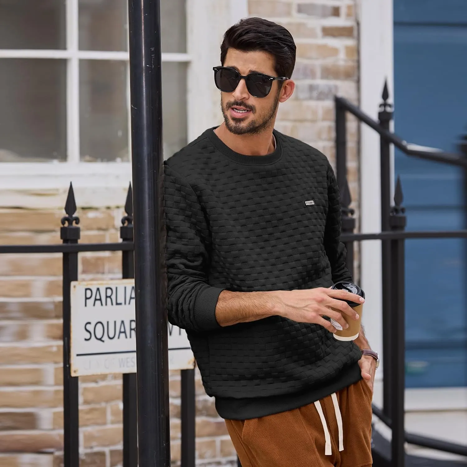 HOTake Mens Crewneck Sweatshirts Waffle Panttern Texture Outdoor Leisure Pullover Sweatshirts