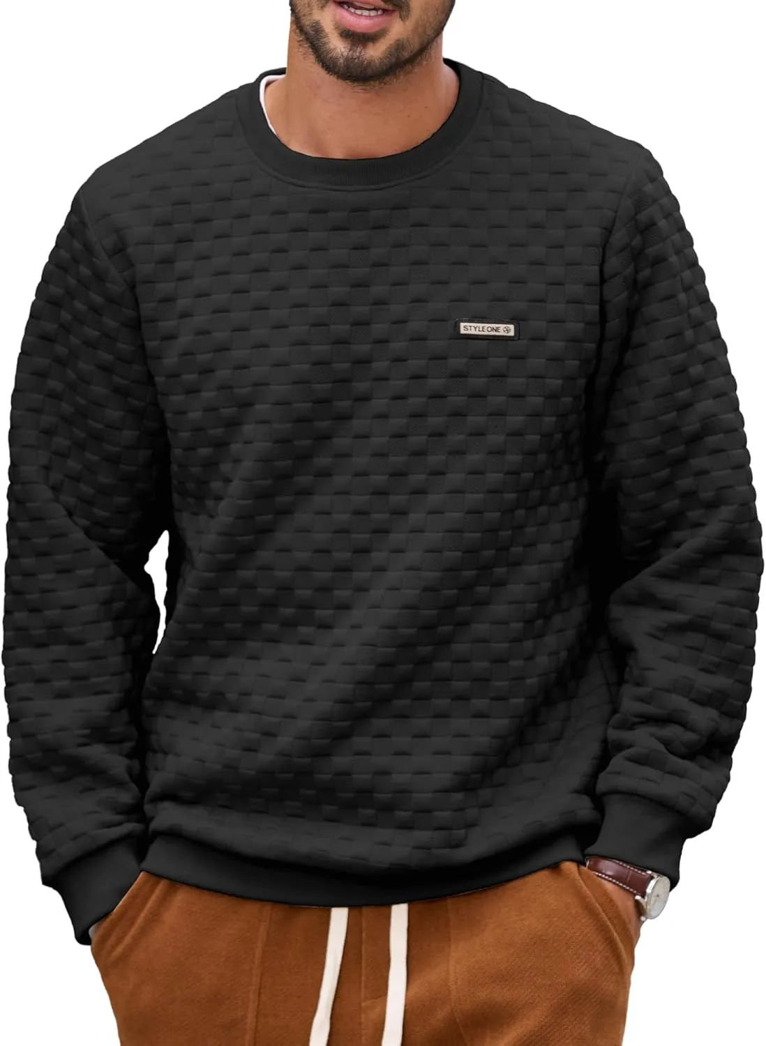 HOTake Mens Crewneck Sweatshirts Waffle Panttern Texture Outdoor Leisure Pullover Sweatshirts