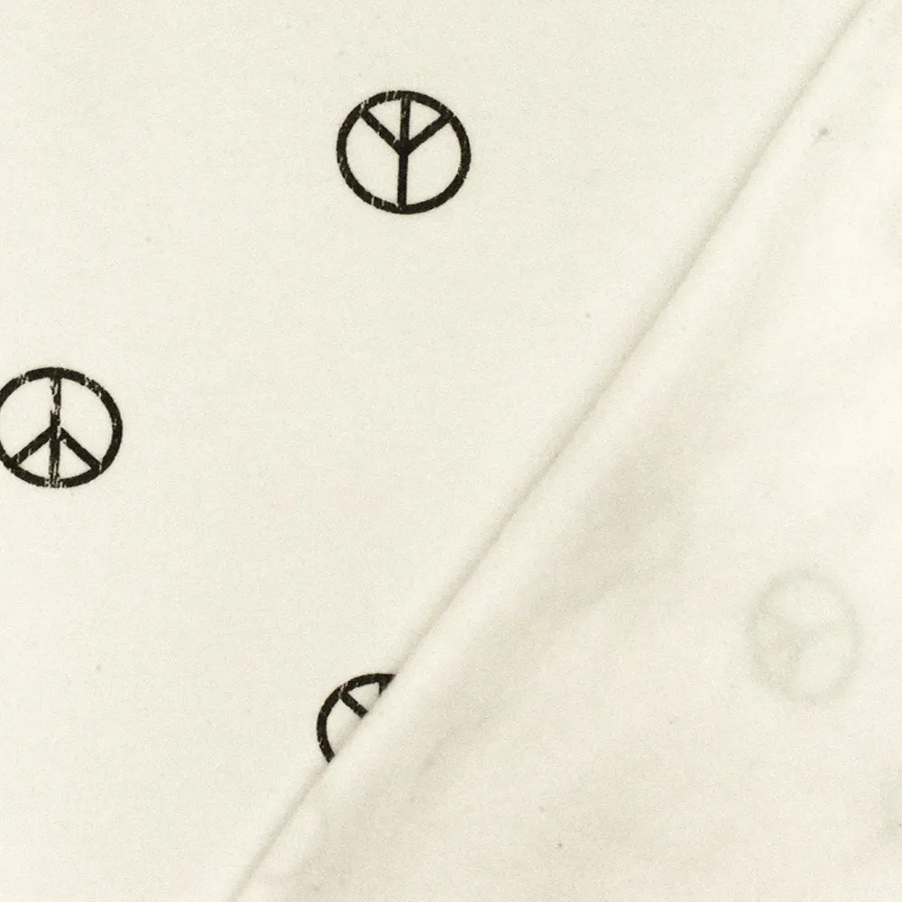 Ivory-Black Peace Printed Stretch Cotton French Terry Brush Fleece Fabric
