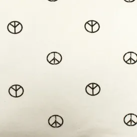 Ivory-Black Peace Printed Stretch Cotton French Terry Brush Fleece Fabric