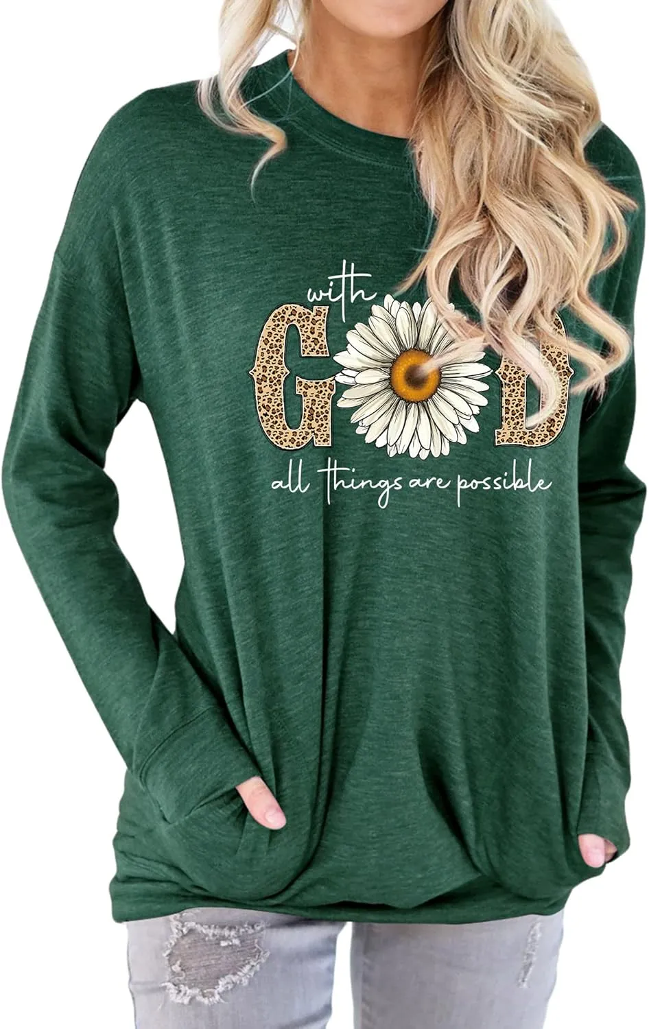 OUNAR with God All Things are Possible Tshirt Faith Sayings Daisy Flower Leopard Print Long Sleeve T-Shirt Pocket Sweatshirt