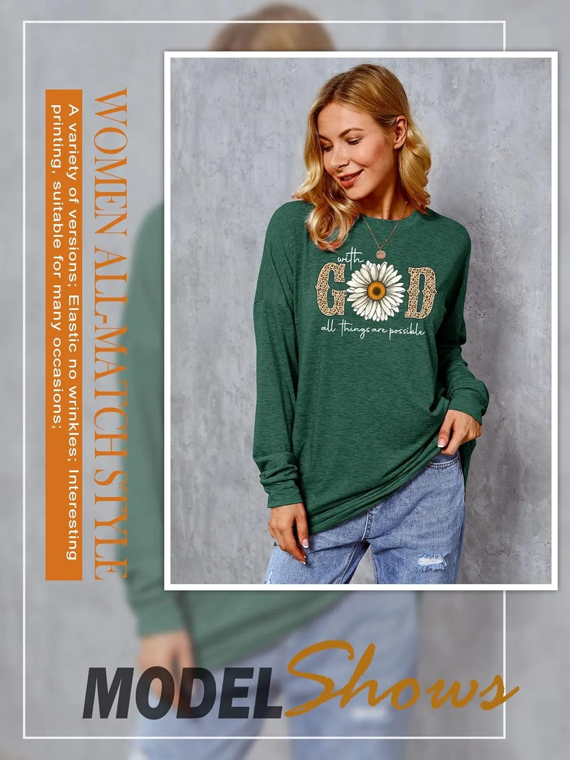 OUNAR with God All Things are Possible Tshirt Faith Sayings Daisy Flower Leopard Print Long Sleeve T-Shirt Pocket Sweatshirt