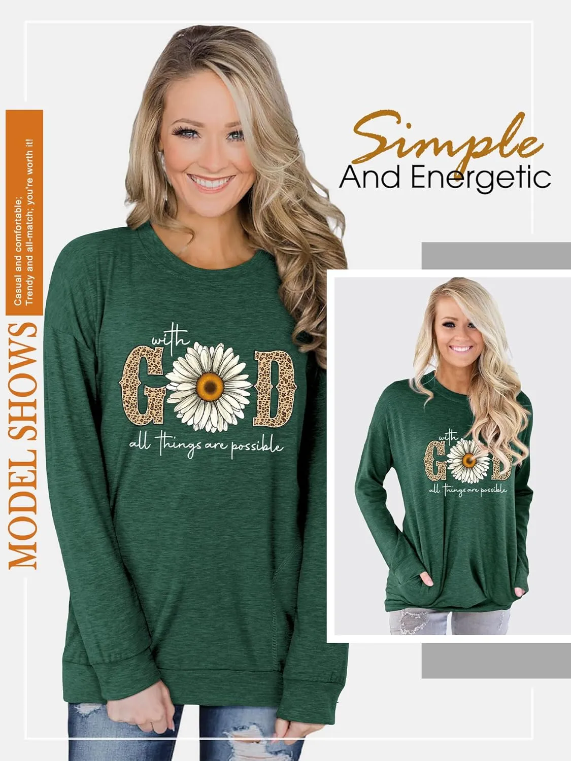 OUNAR with God All Things are Possible Tshirt Faith Sayings Daisy Flower Leopard Print Long Sleeve T-Shirt Pocket Sweatshirt