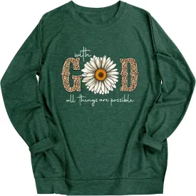 OUNAR with God All Things are Possible Tshirt Faith Sayings Daisy Flower Leopard Print Long Sleeve T-Shirt Pocket Sweatshirt