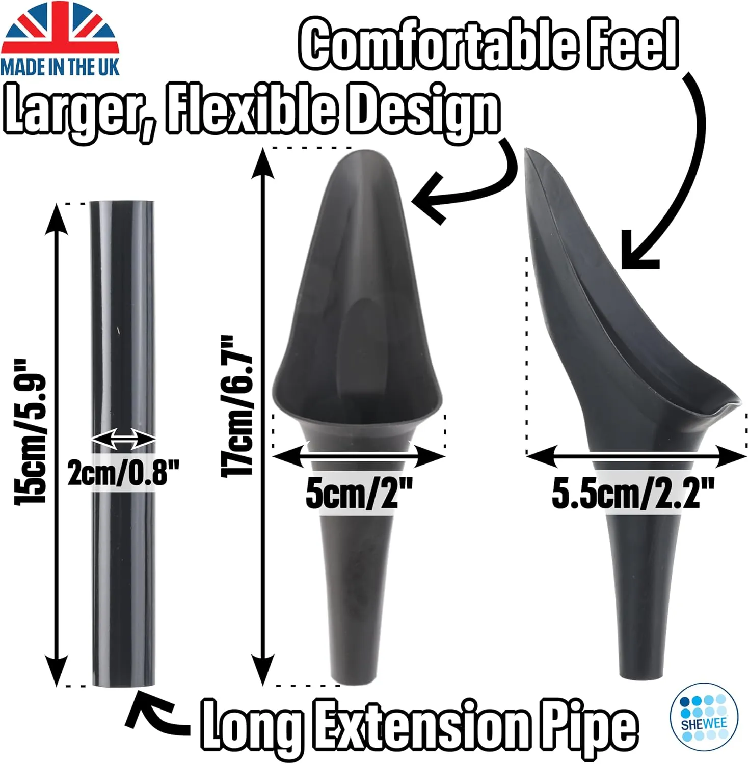 SHEWEE Flexi  The Original Female Urinal  Made in The UK  Reusable, Flexible & Portable Urination Device. Festival, Camping, Car, Hiking Essentials for Women. Stand to Pee Funnel W/Extension Pipe