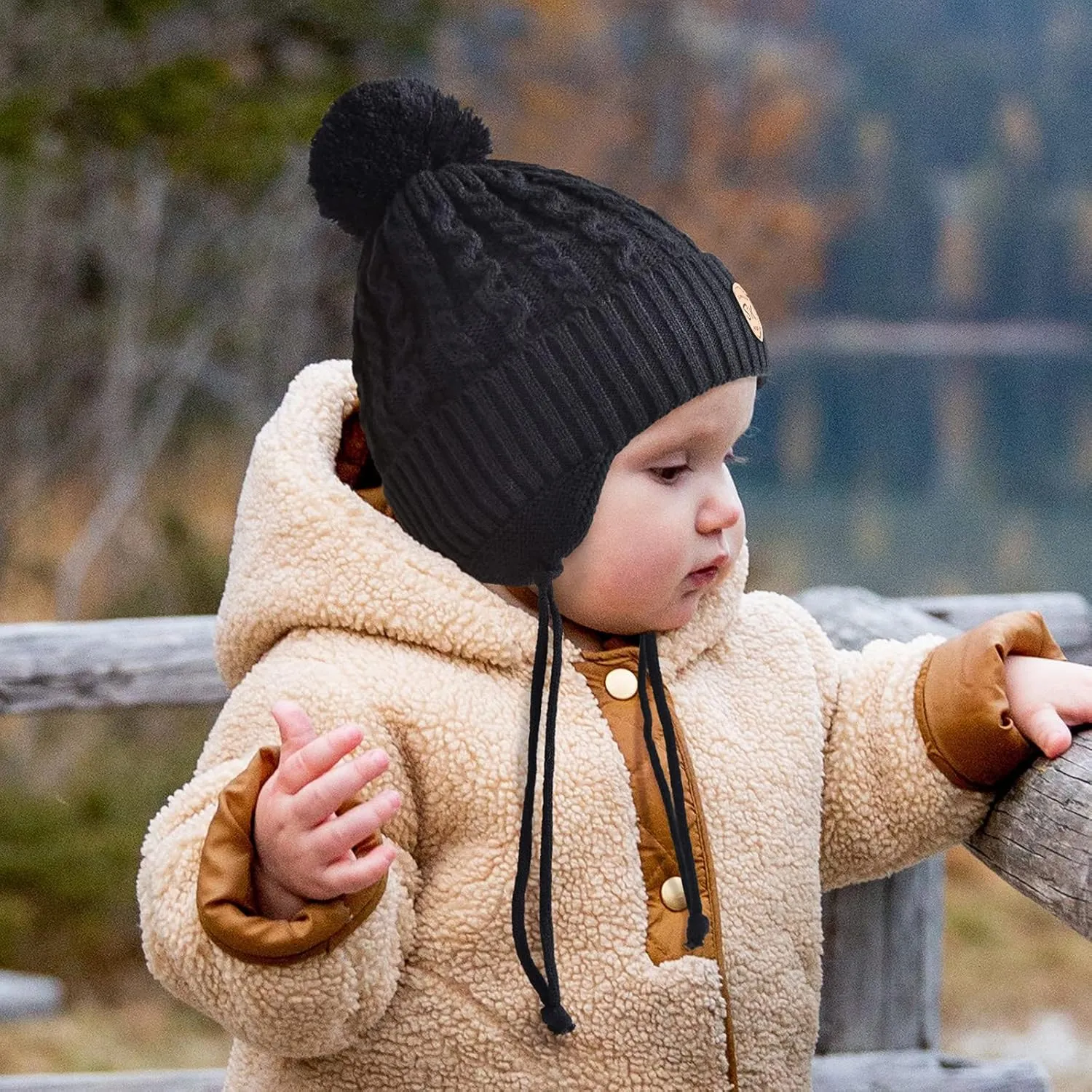 SOMALER Toddler Baby Boy Winter Beanie Hat Infant Kids Warm Fleece Lined Earflap Knit Fur Pom Pom Hat Snow Cap