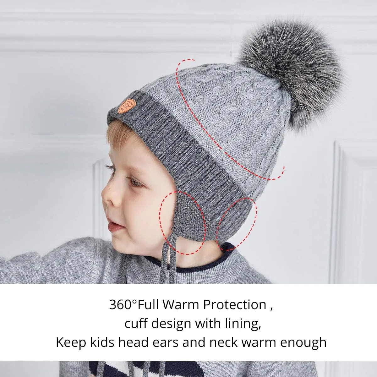 SOMALER Toddler Baby Boy Winter Beanie Hat Infant Kids Warm Fleece Lined Earflap Knit Fur Pom Pom Hat Snow Cap