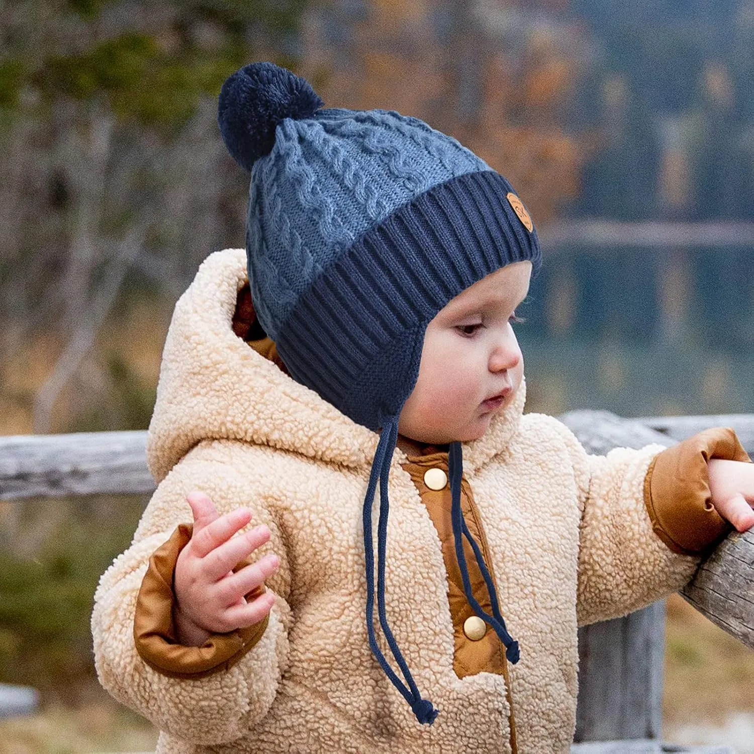 SOMALER Toddler Baby Boy Winter Beanie Hat Infant Kids Warm Fleece Lined Earflap Knit Fur Pom Pom Hat Snow Cap