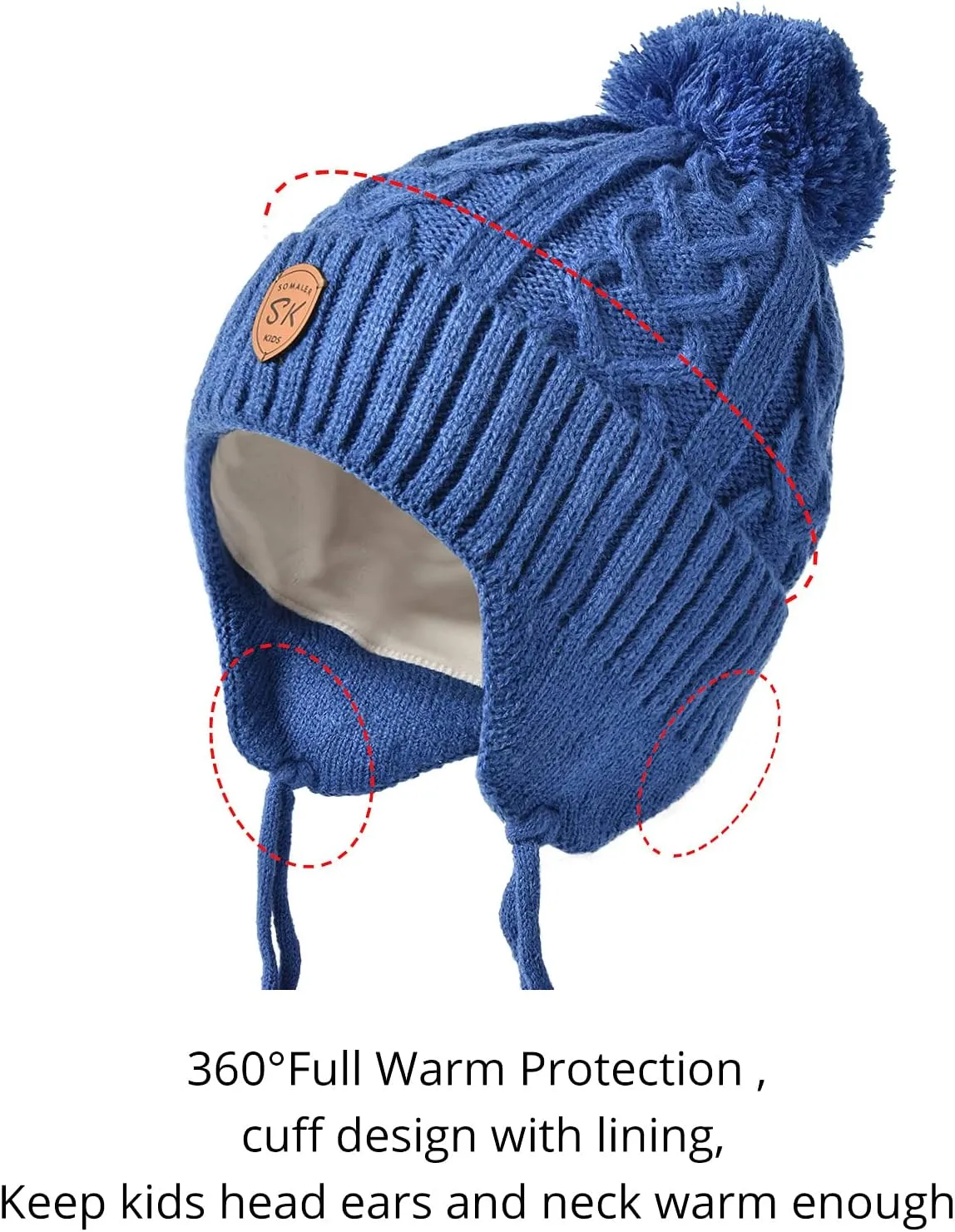 SOMALER Toddler Baby Boy Winter Beanie Hat Infant Kids Warm Fleece Lined Earflap Knit Fur Pom Pom Hat Snow Cap