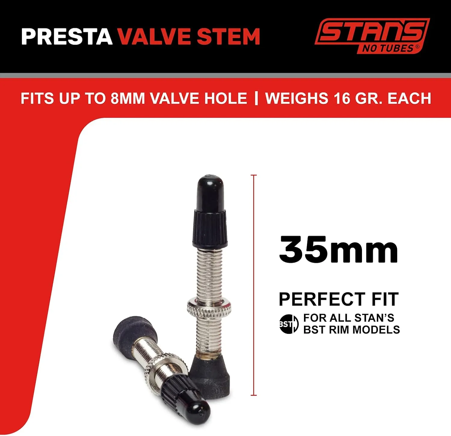 Stans-No Tubes 35mm Presta Universal Valve Stem (Carded Pair for Mountain)