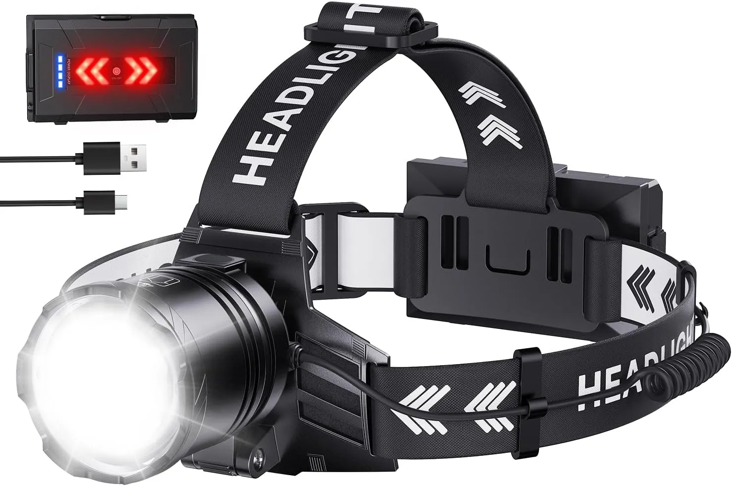 Super Bright Headlamp Rechargeable 2980 Lumens, 7 Modes Head Lamp, Zoomable Head Light for Forhead, 90 Adjustable Headlamps for Adults,9000mAh Long Battery Life & Waterproof Fishing, Camping