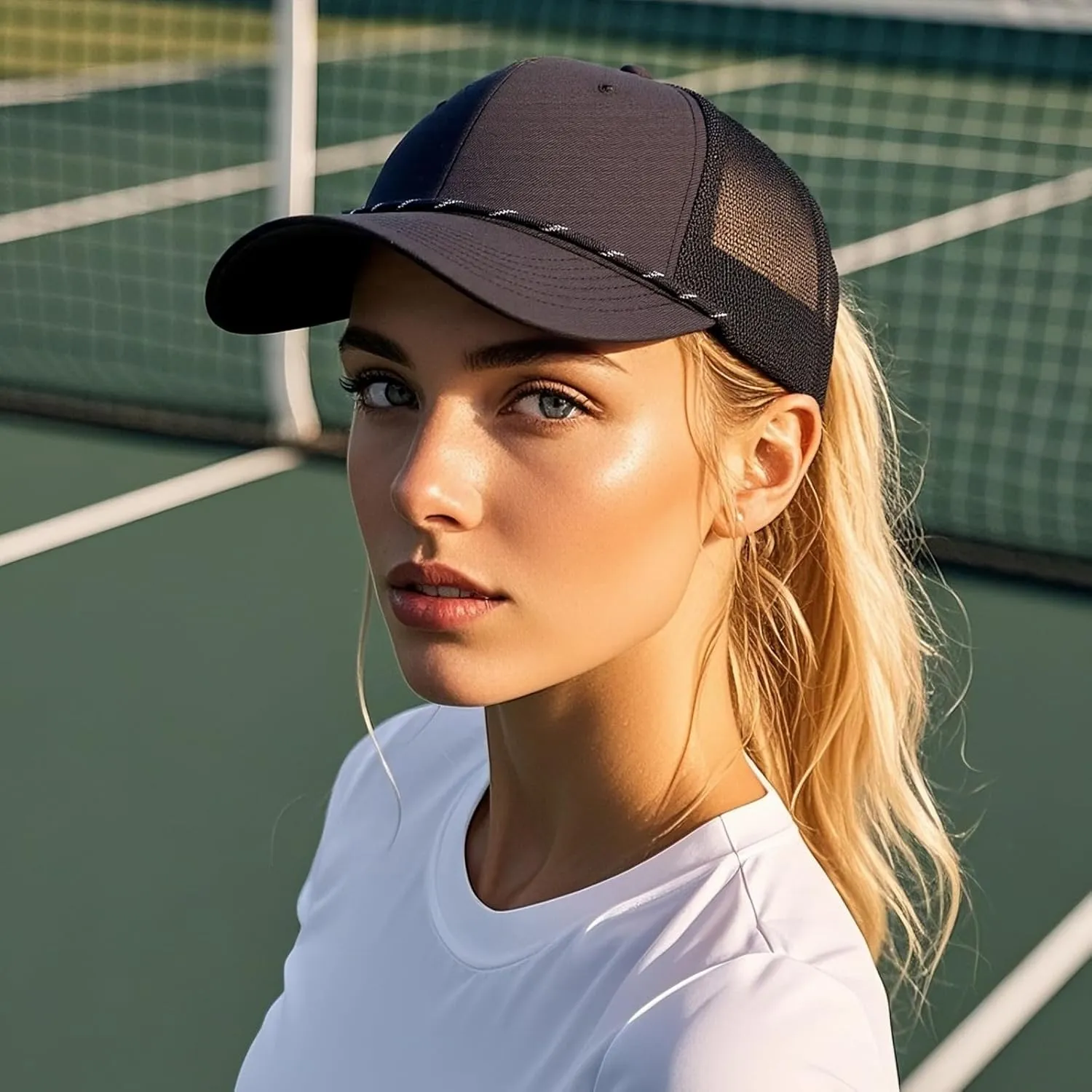 Trucker Baseball Hats for Women Men, Adjustable Mesh Snapback Cap with Brim Cord Decoration, Black, Grey, Blue