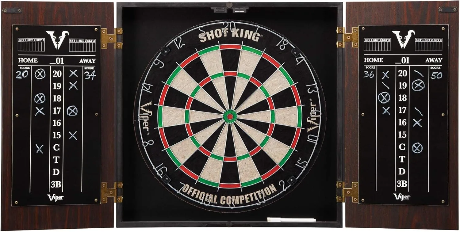 Viper Stadium Cabinet & Shot King Sisal/Bristle Dartboard Ready-to-Play Bundle with Two Sets of Steel-Tip Darts, Throw Line, and Dry Erase Scoreboards, Walnut Finish