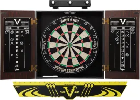 Viper Stadium Cabinet & Shot King Sisal/Bristle Dartboard Ready-to-Play Bundle with Two Sets of Steel-Tip Darts, Throw Line, and Dry Erase Scoreboards, Walnut Finish