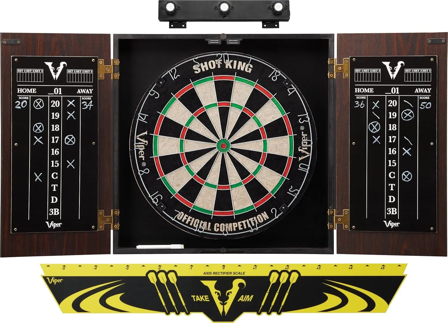 Viper Stadium Cabinet & Shot King Sisal/Bristle Dartboard Ready-to-Play Bundle with Two Sets of Steel-Tip Darts, Throw Line, and Dry Erase Scoreboards, Walnut Finish