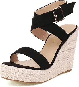 Women's High Heel Platform Espadrille Wedge Sandals Open Toe With Faux Leather Upper Cross Ankle Adjustable Buckle Strap Non Slip Soles