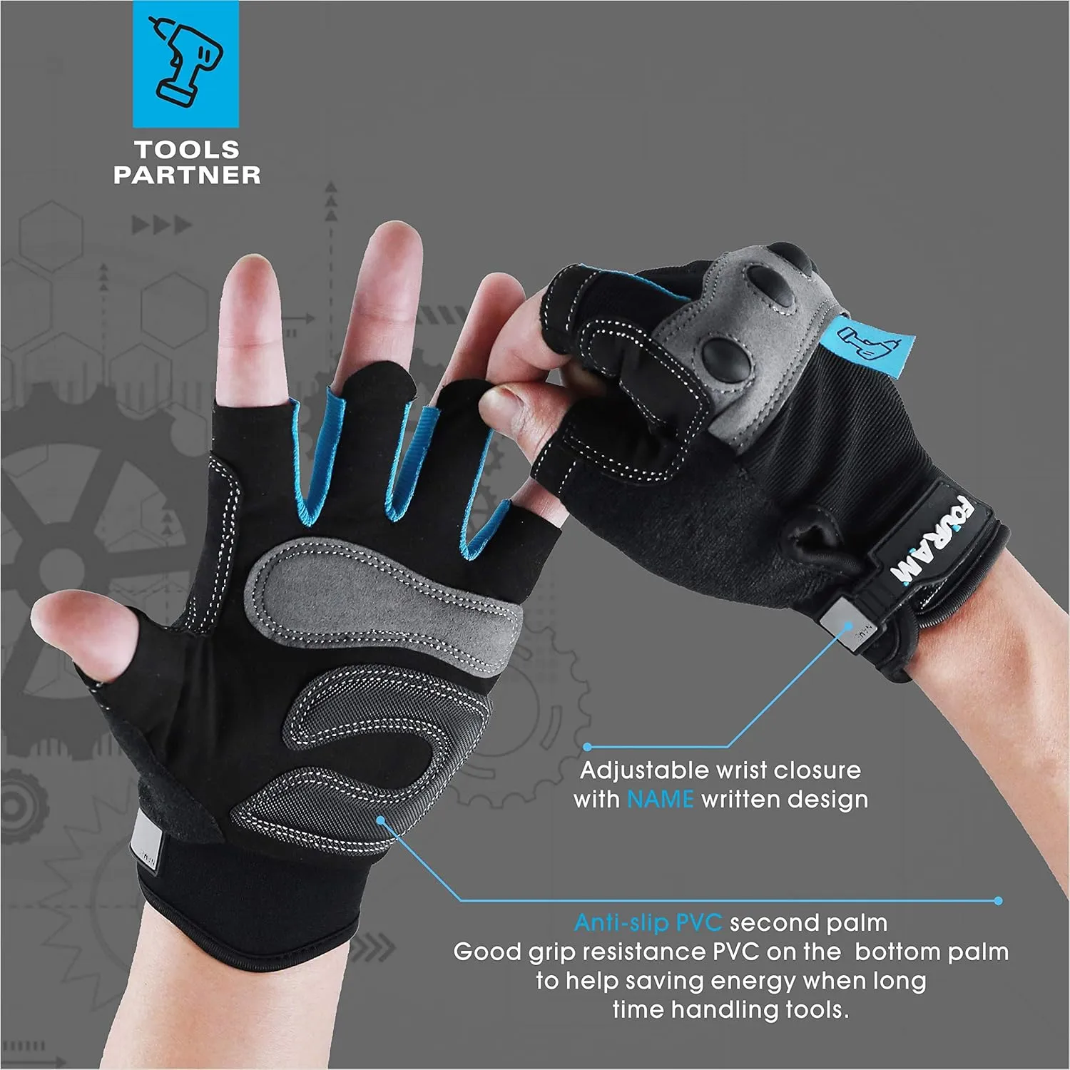 Work gloves Men Fingerless Mechanic Gloves Shock-Grip, Anti-Collision For Men Women
